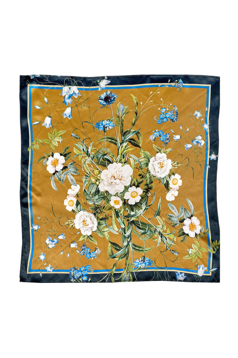 Jim Lyngvild Silketørklæde Blue Flower Garden Guld 50x50cm
